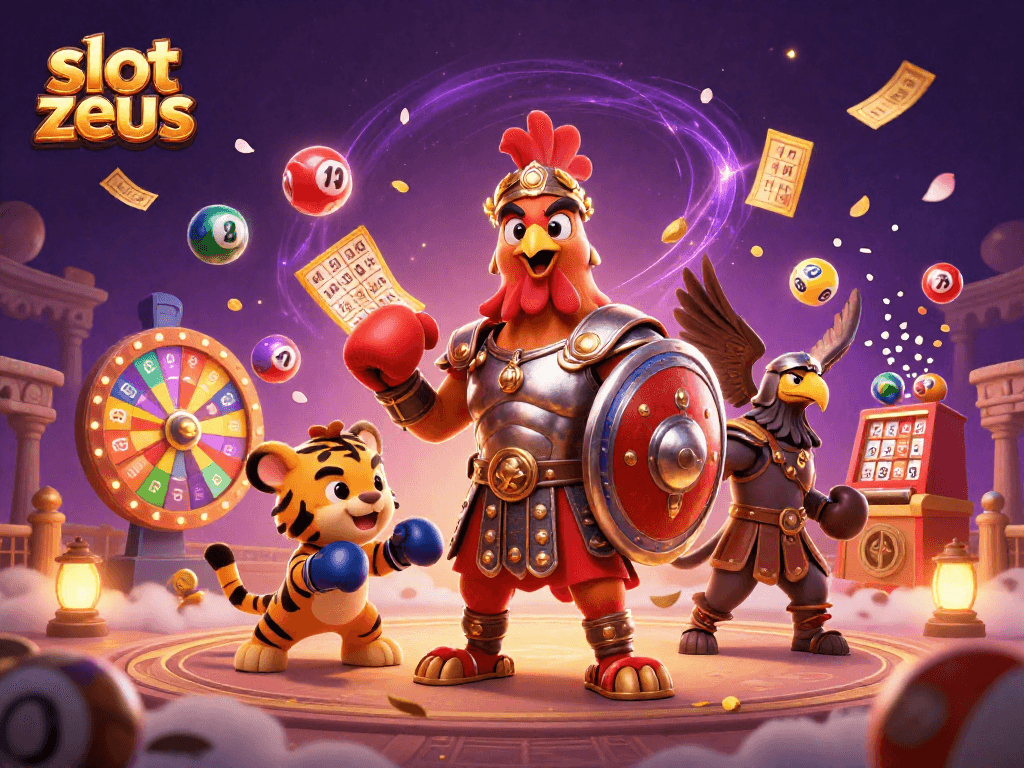 Memenangkan jackpot besar di slot zeus dengan petarung berani dan simbol kasino berkilauan.