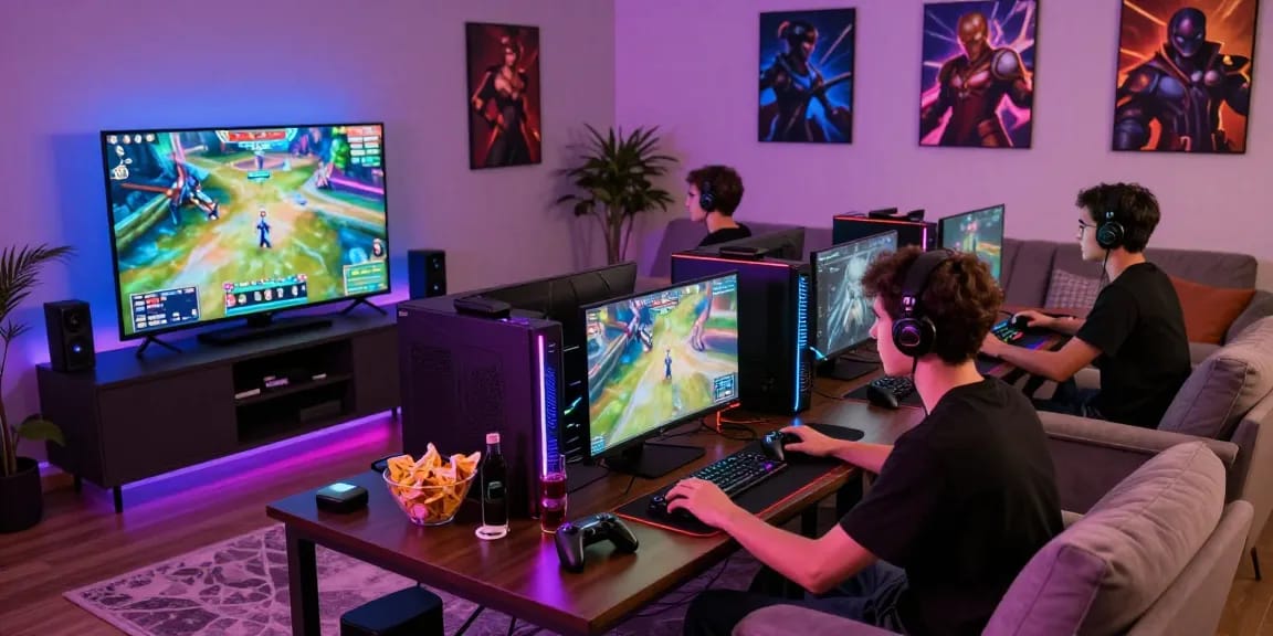 Lucky77 gaming enthusiasts enjoying a thrilling tournament in a vibrant living room.