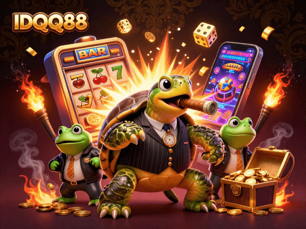 Experience the exciting world of IDQQ88 with vibrant slot machine jackpots and animated characters dominating the scene.