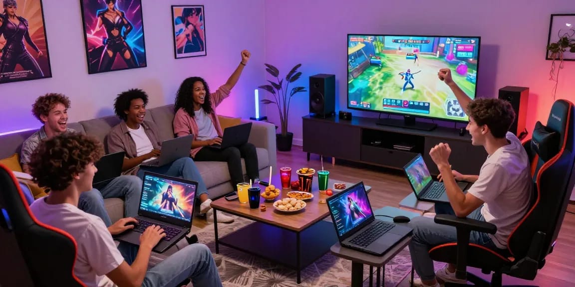 Gamers enjoying a thrilling hentai game session in a vibrant living room, showcasing lively interaction and atmosphere.