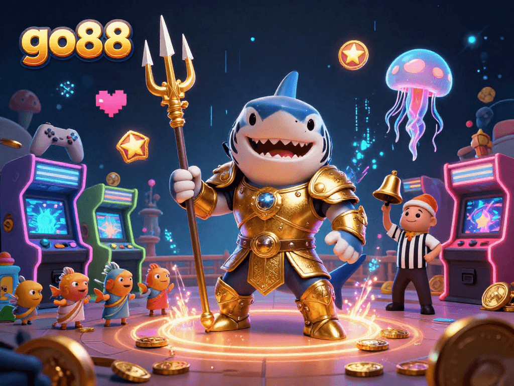 Engaging go88 scene with a fierce shark in armor, glowing games, and underwater excitement for gambling.