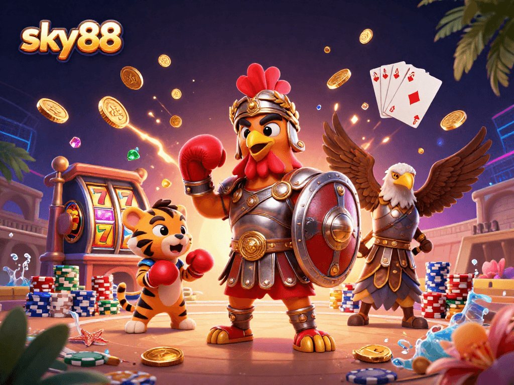 Engage with sky88's thrilling 3D casino scene featuring a gladiator rooster and vibrant game elements.