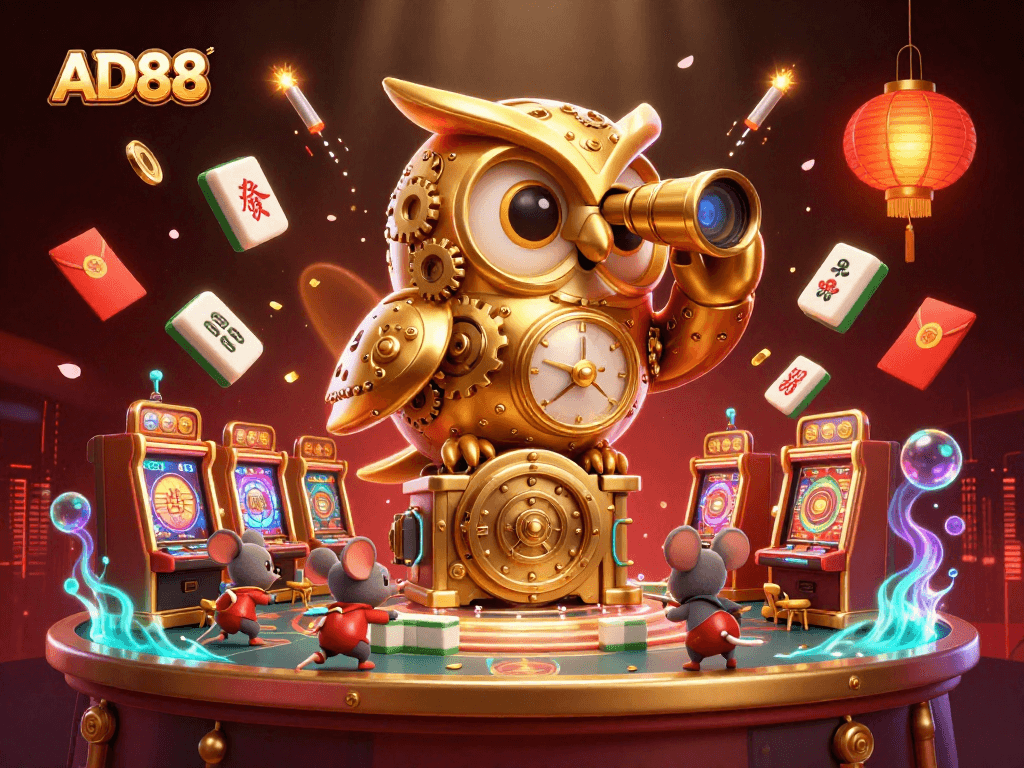 Experience the thrill of AD88 with a dynamic 3D owl and lively casino scene showcasing thrilling gameplay.