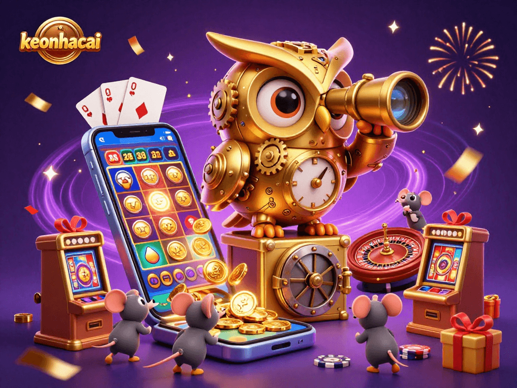 Engage with keonhacai in a vibrant casino scene featuring a golden owl and dynamic game elements.
