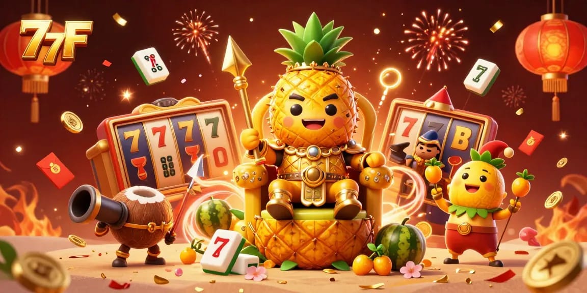 Aposta com 77F no cassino, mostrando o rei abacaxi dourado e personagens coloridos em um cenário vibrante.