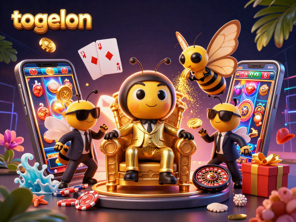 Play exciting games on togelon as the bumblebee boss oversees a colorful casino scene.