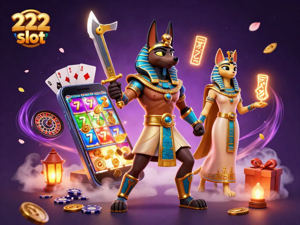 Menangkan 222 slot dengan smartphone berwarna dan koin emas terbang di sekitar karakter Anubis dan Bastet.
