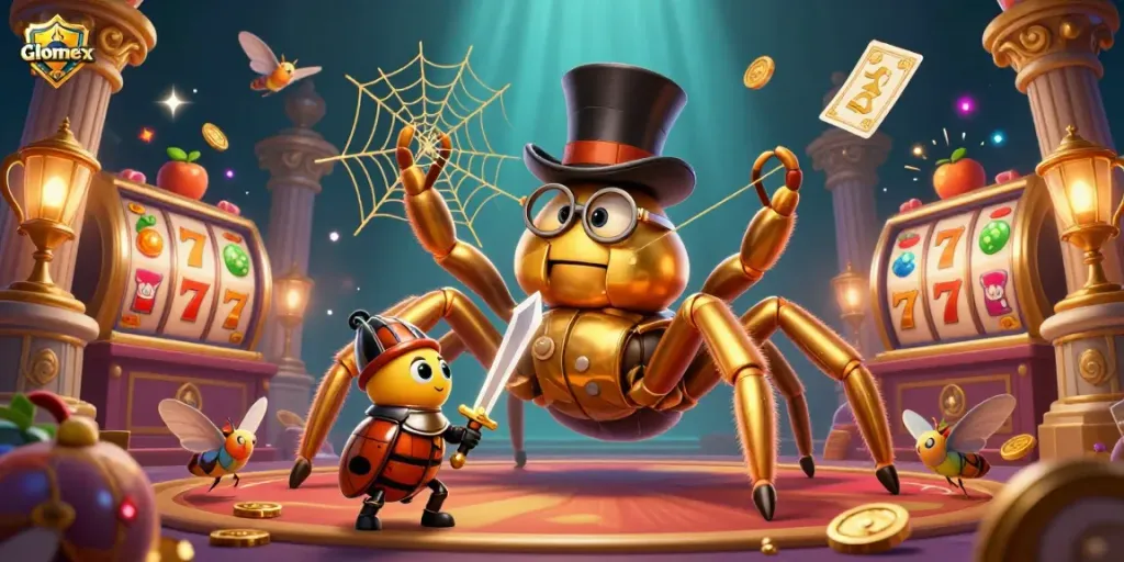Glomex showcases a golden tarantula weaving luck into casino gameplay, surrounded by dynamic slot reels and colorful tokens.