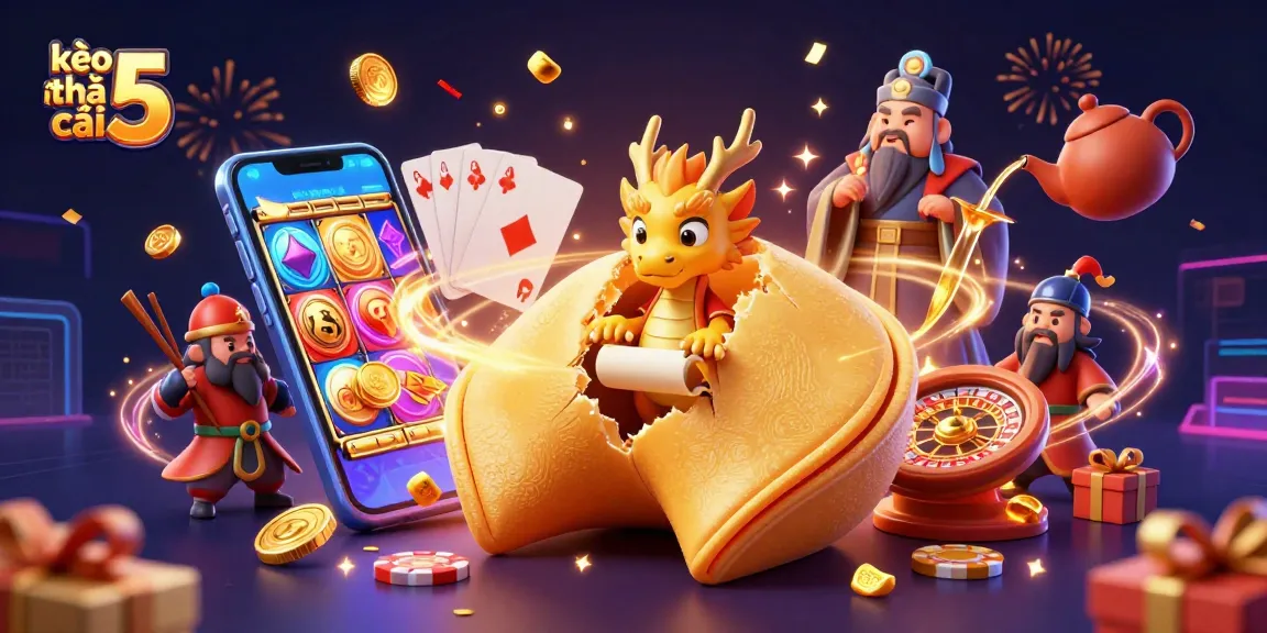 Engage with kèo nhà cái 5 while enjoying a 3D illustration of a dragon, golden coins, and slot games.