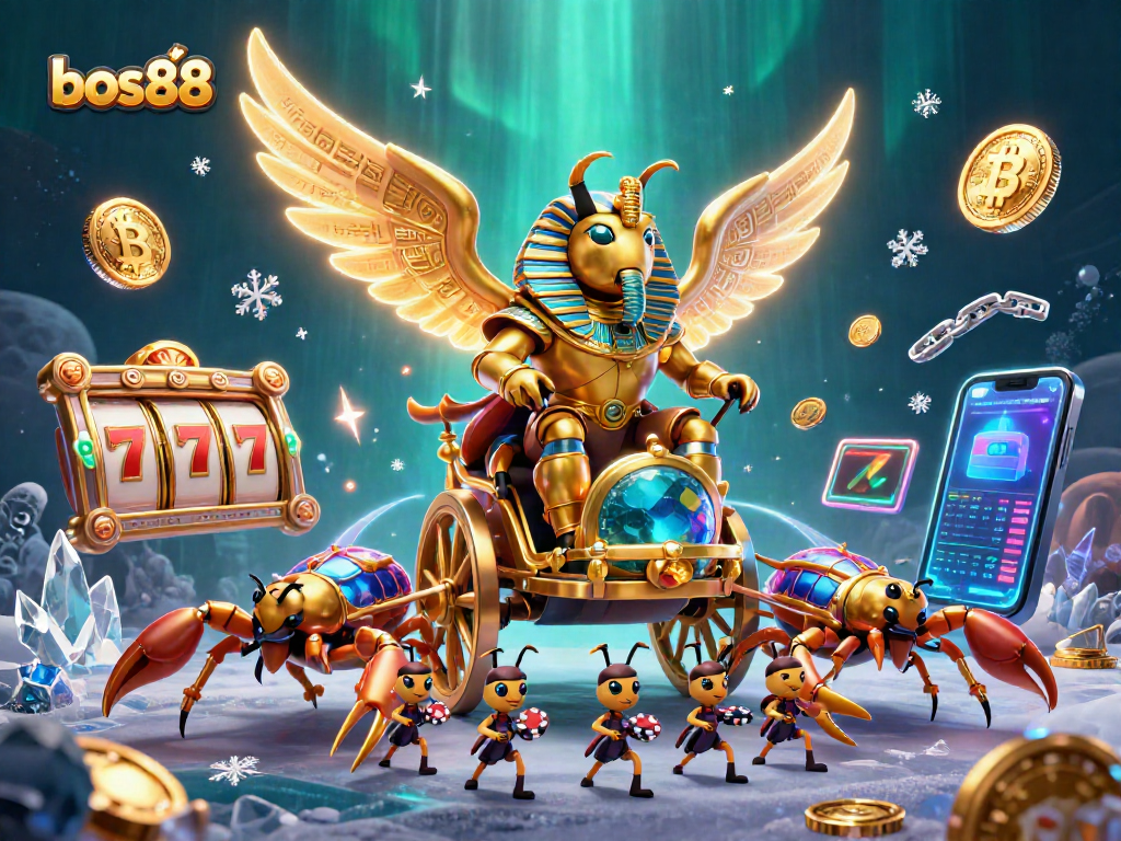 Mengendalikan bos88 di dunia slot dengan jackpot yang bersinar dan simbol beruntung dalam momen megah.