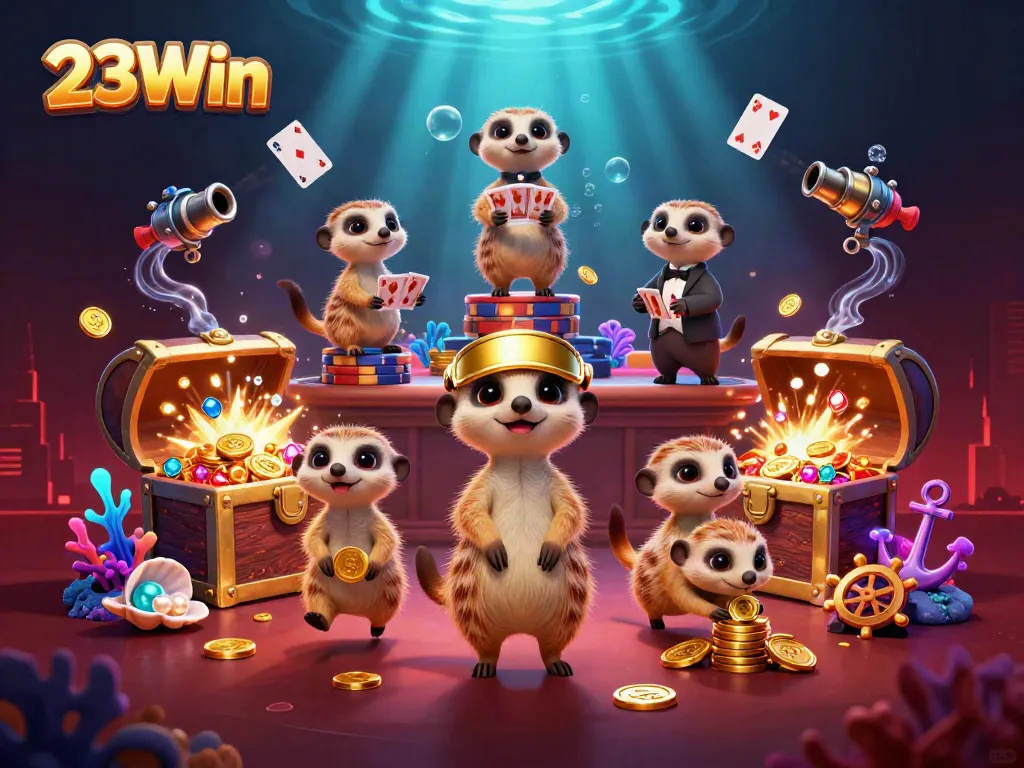 Experience the excitement of 23Win with a lively meerkat casino scene filled with action and vibrant underwater treasures.