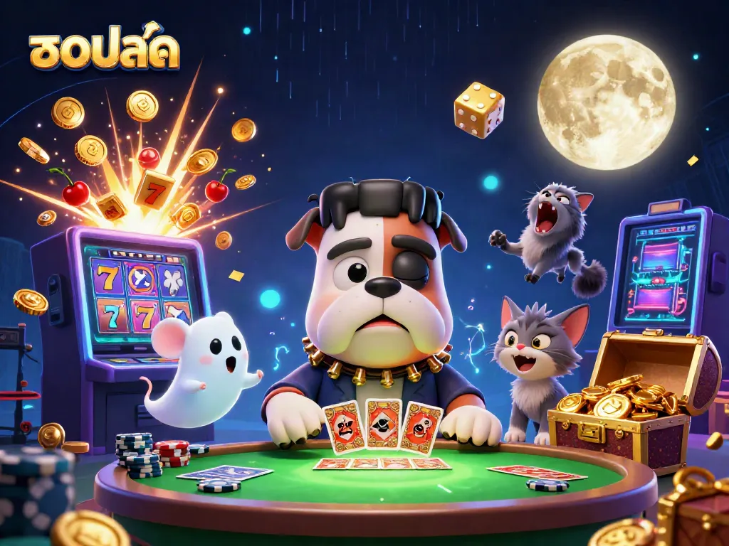 Engaging scene of a Frankenstein bulldog monster dealing cards while showcasing a lively gambling atmosphere featuring dynamic casino elements and "บอลสด" branding.
