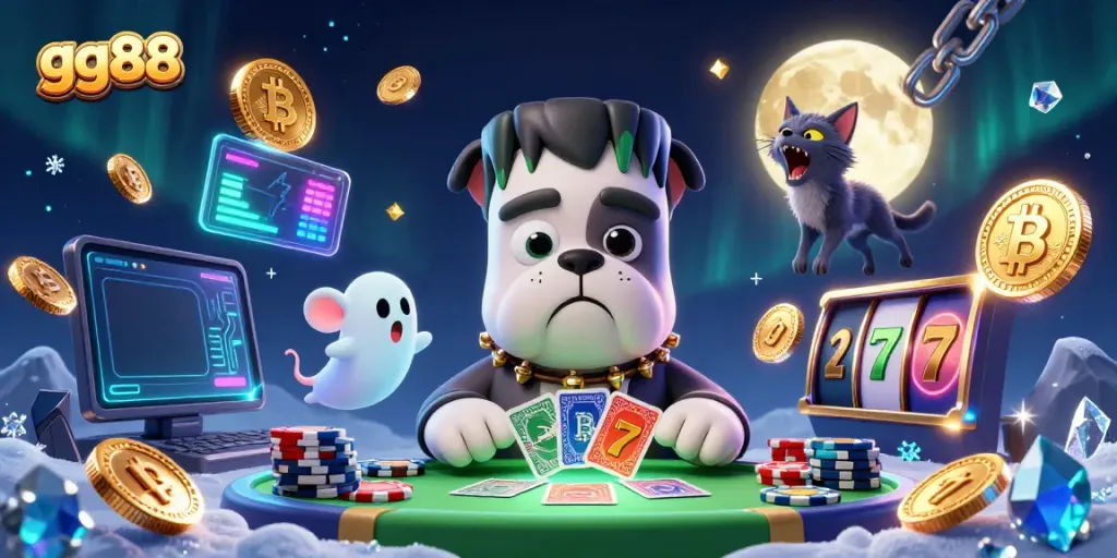 Win big at the GG88 casino with this interactive card-dealing scene featuring spooky elements and vibrant game symbols.