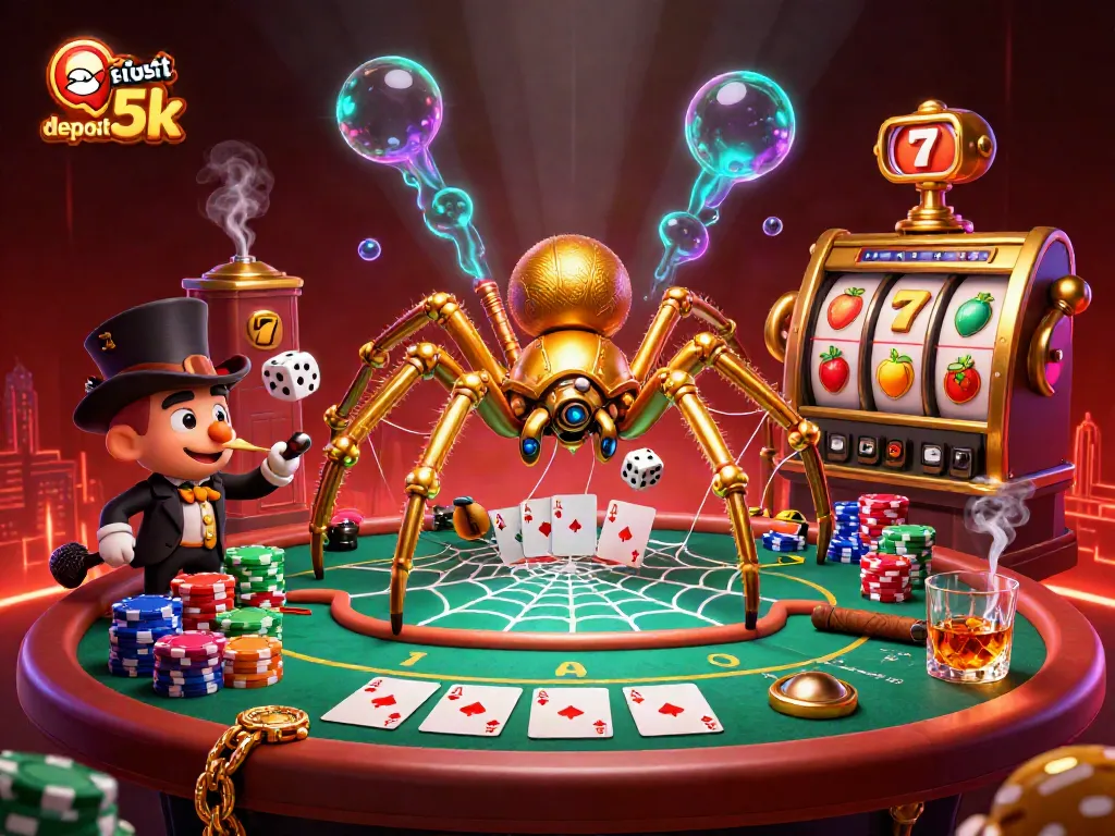 Catch the luck with a vibrant illustrated scene showcasing slot deposit 5k and dynamic casino elements.