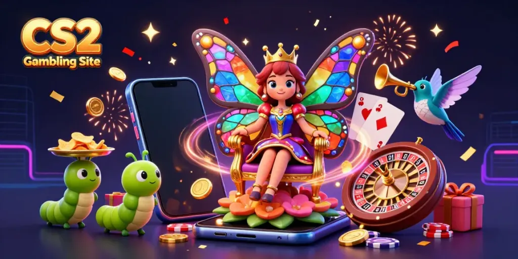 Engaging illustration of CS2 Gambling Site featuring a butterfly queen with a vibrant scene of gaming elements and characters.