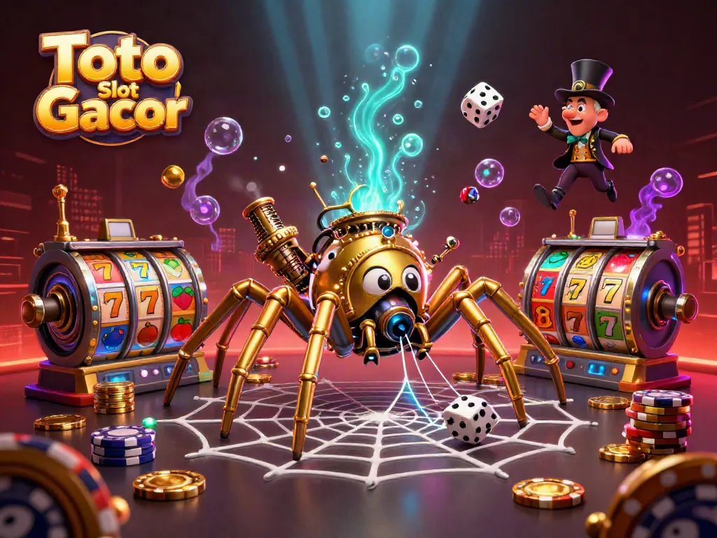 Toto Slot Gacor dalam ilustrasi 3D menampilkan laba-laba steampunk dan simbol slot berkualitas tinggi.