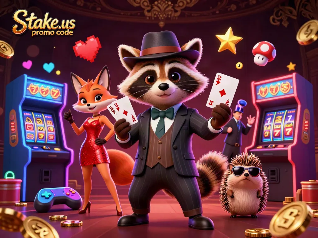 Claim exciting bonuses with the stake.us promo code, featuring fun casino characters and games.