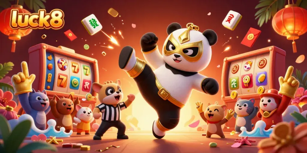 Engaging scene showcasing luck8 with a wrestler panda and festive casino elements in vibrant 3D.