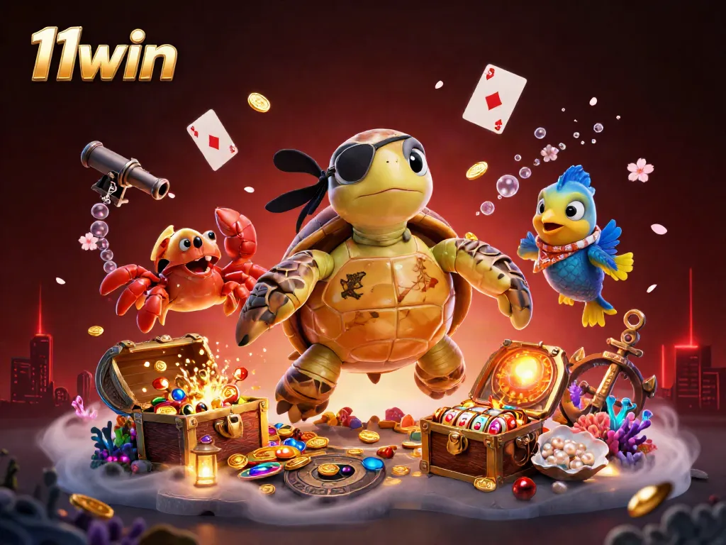 Engage with 11win's dynamic underwater slot game scene featuring colorful treasures and lively characters.