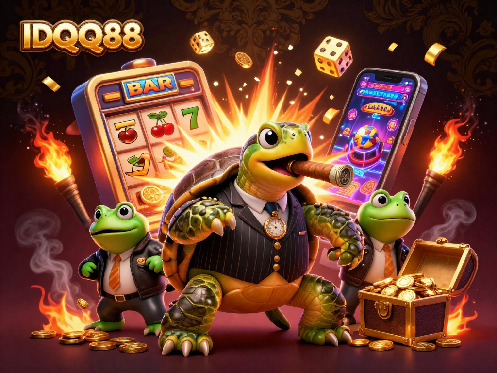 Experience the exciting world of IDQQ88 with vibrant slot machine jackpots and animated characters dominating the scene.