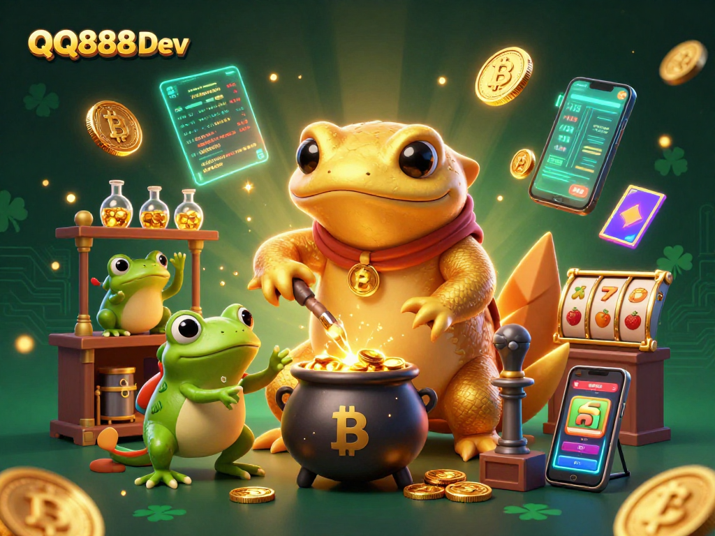 Engage with QQ888 Dev for an exciting gambling adventure featuring a golden alchemist and rich gaming visuals.