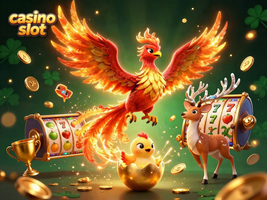 Experience thrilling casino slot action with a stunning phoenix and prize symbols!