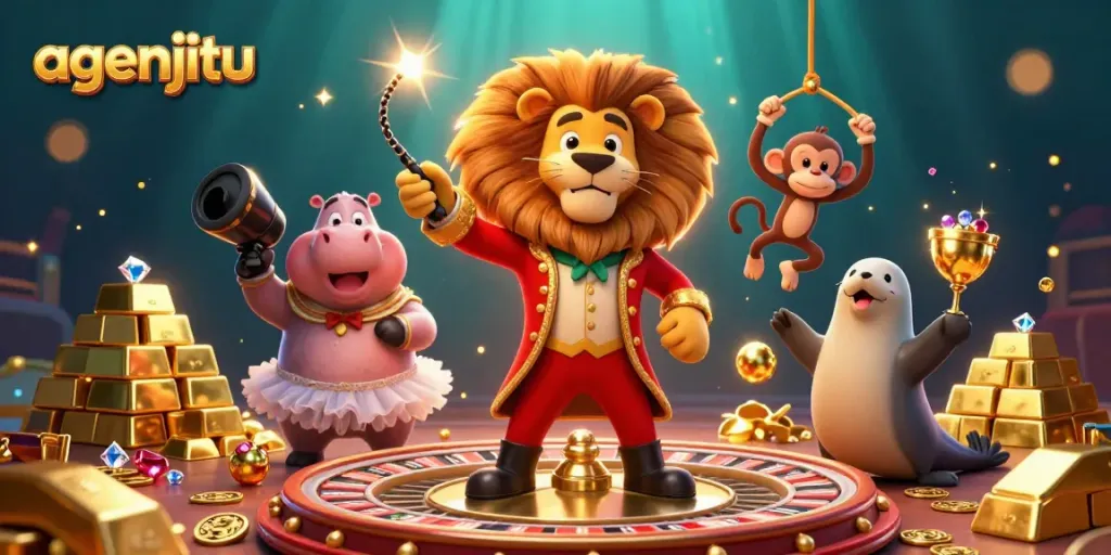 Gambarkan agenjitu dengan singa ringmaster, hippo tutu, dan monyet akrobat, dikelilingi elemen perjudian.