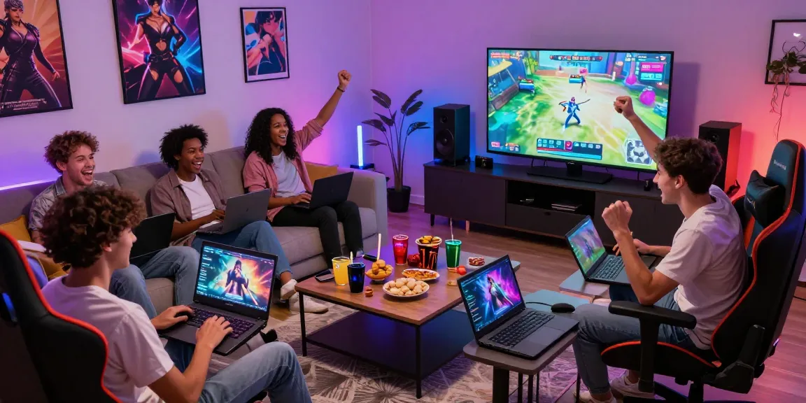 Gamers enjoying a thrilling hentai game session in a vibrant living room, showcasing lively interaction and atmosphere.