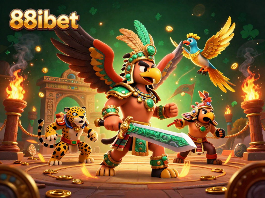 Engage with 88ibet's 3D illustration featuring Aztec warriors amid a vibrant casino game scene.