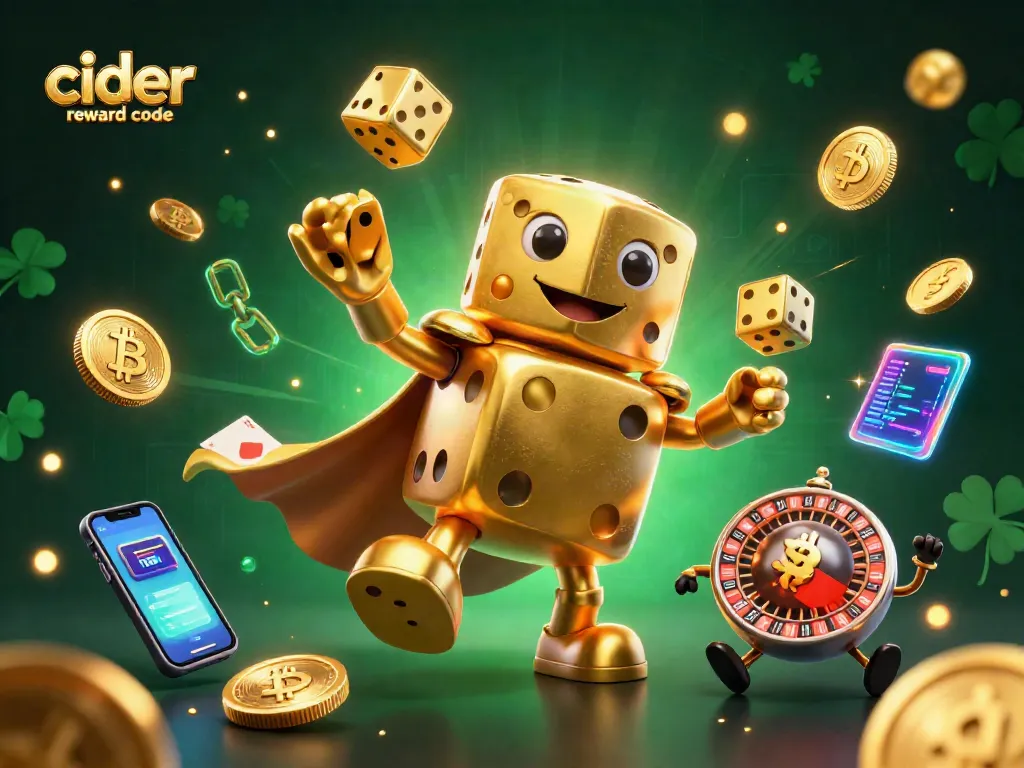 Play with golden dice and crypto elements in a vibrant "cider casino reward code" scene.