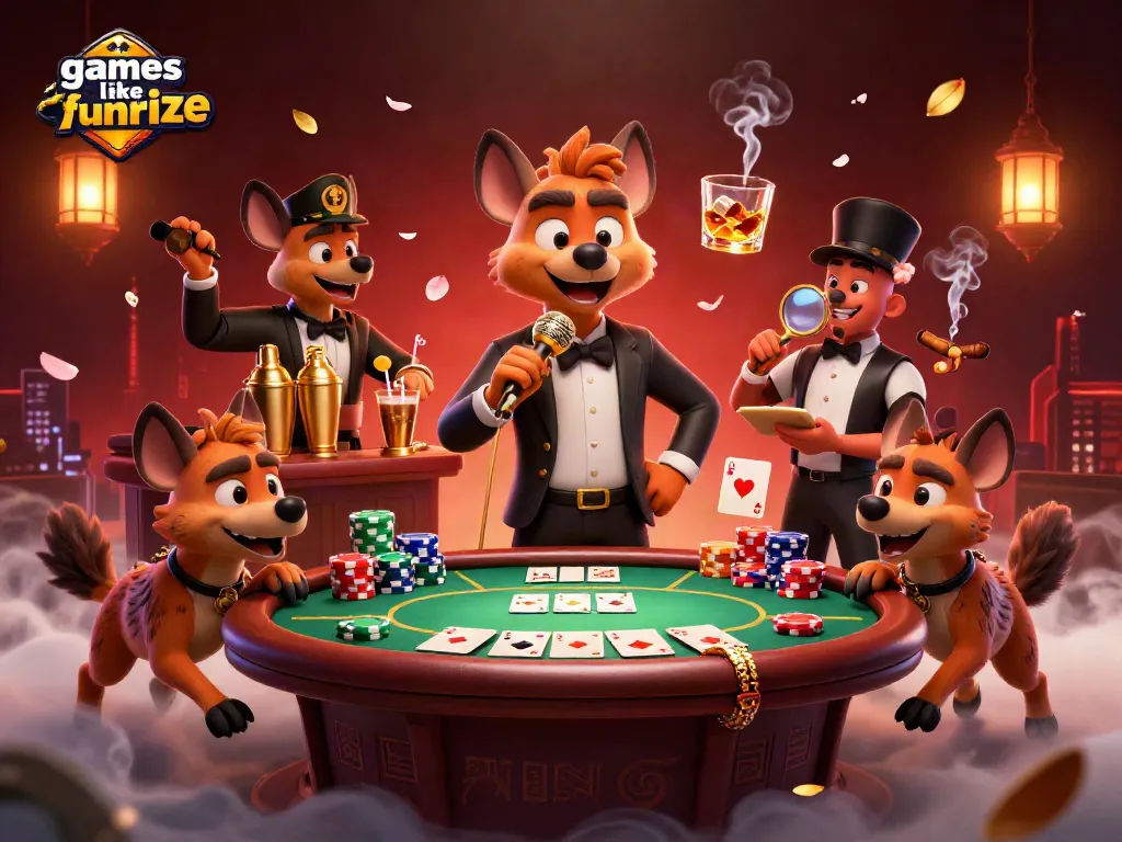 Play exciting games like Funrize in this vibrant 3D casino scene featuring hyenas entertaining and gaming.