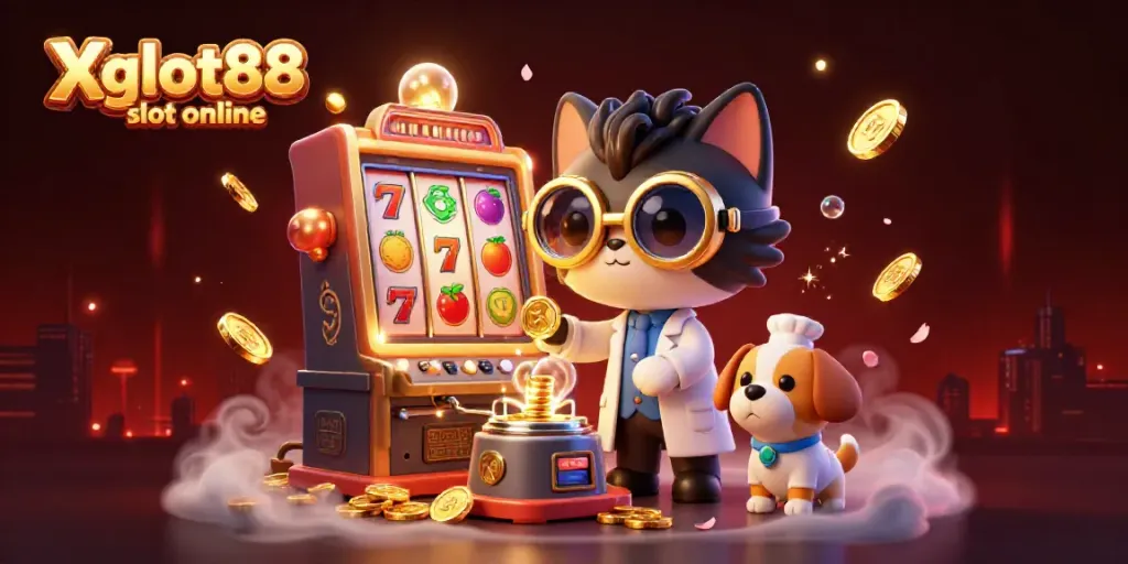 Visual unik dari slot online Xgslot88 dengan karakter imajinatif menciptakan mesin koin dan elemen permainan.