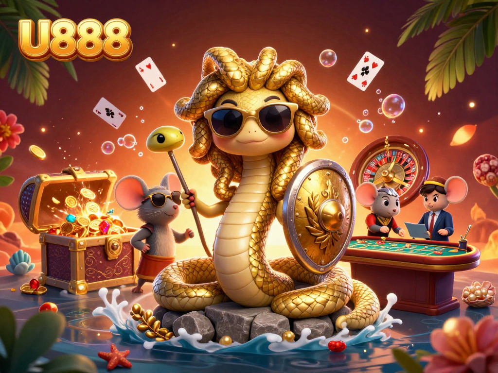 Engage in thrilling gaming with U888 featuring Medusa and a warrior mouse amidst vibrant casino elements.
