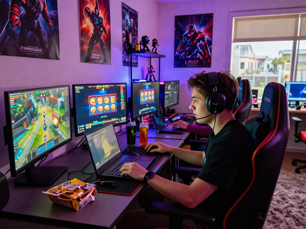 Engaged gamer playing bandar slot in a colorful gaming room.
