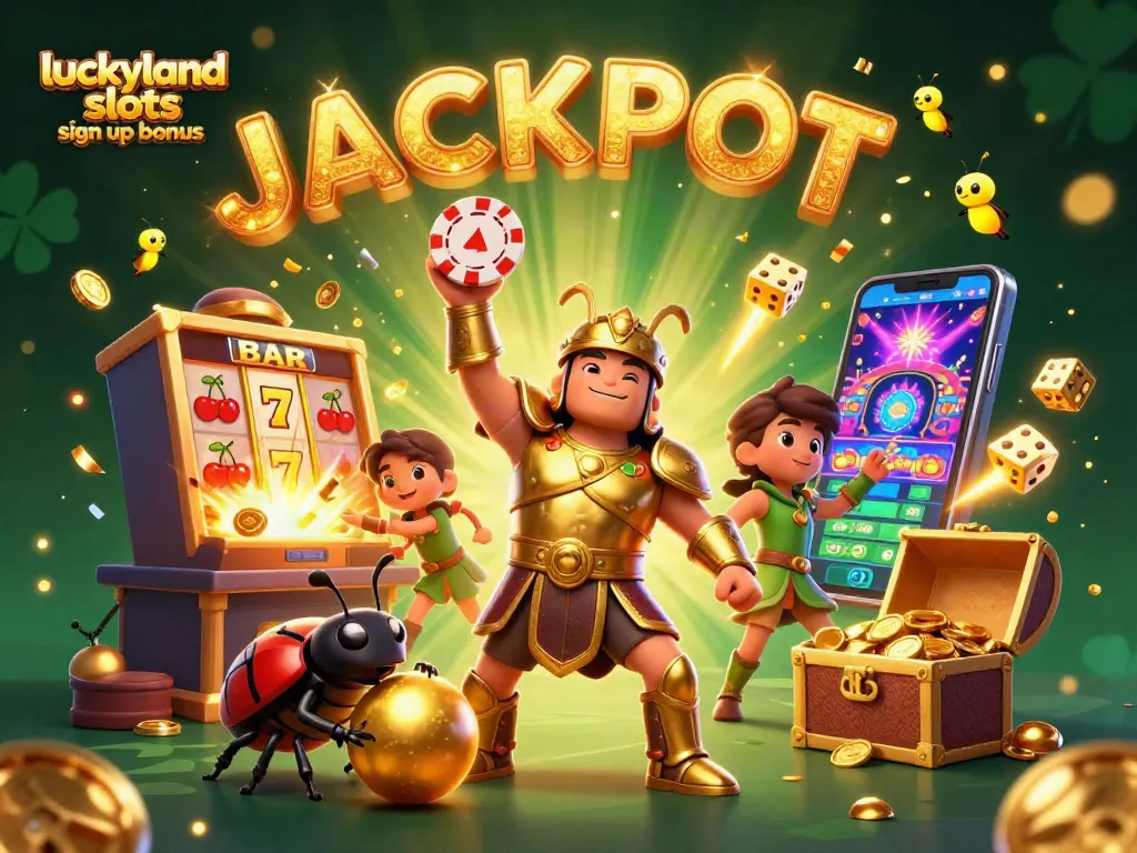 Engage with the luckyland slots sign up bonus in this vibrant 3D scene illustrating exciting casino elements.