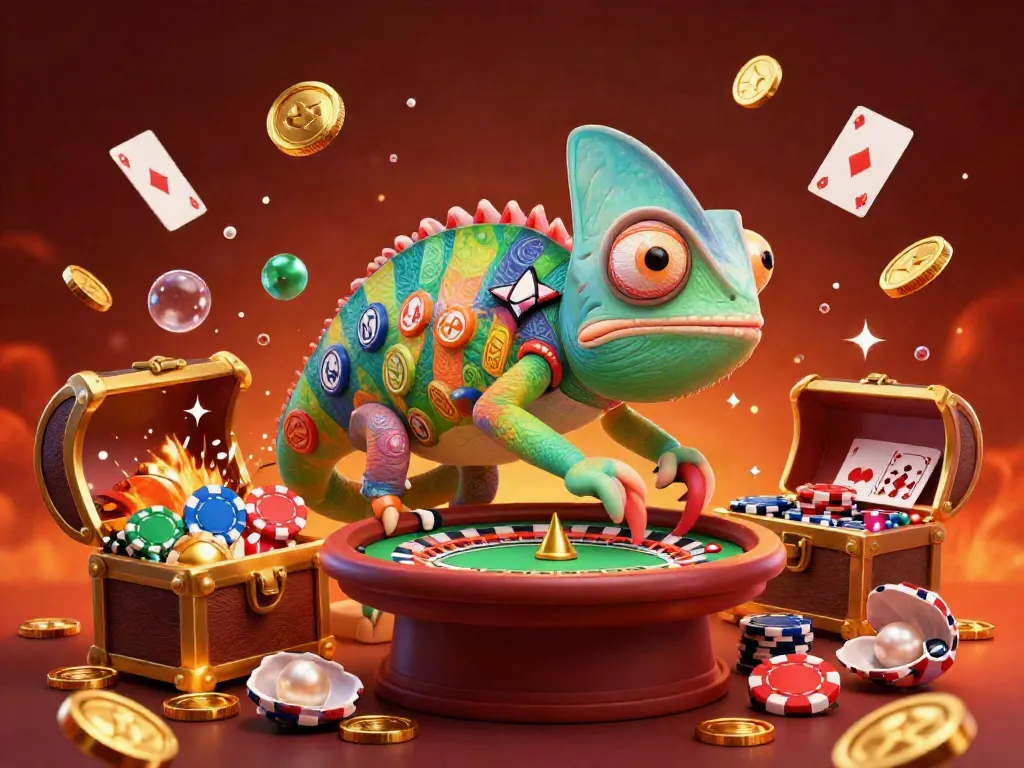 Experience the dynamic world of sky88 online casino with a colorful chameleon character amidst floating playing cards and treasure.