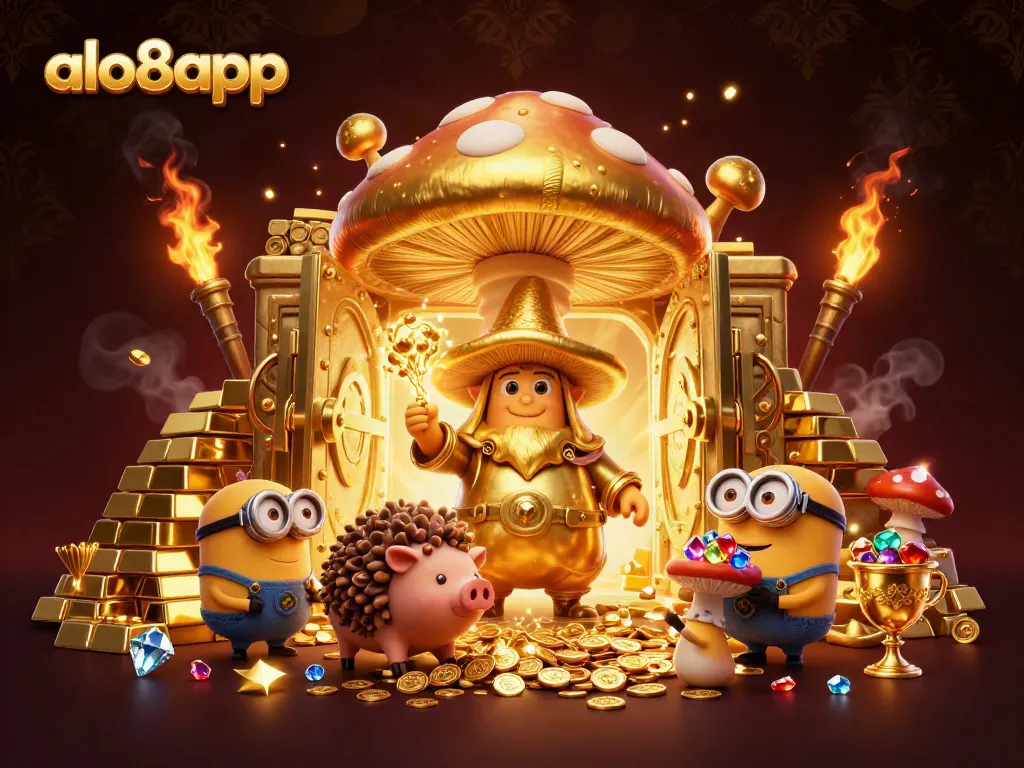 Experience treasures with alo8app's magical gaming scene featuring a charismatic wizard and vibrant treasures.