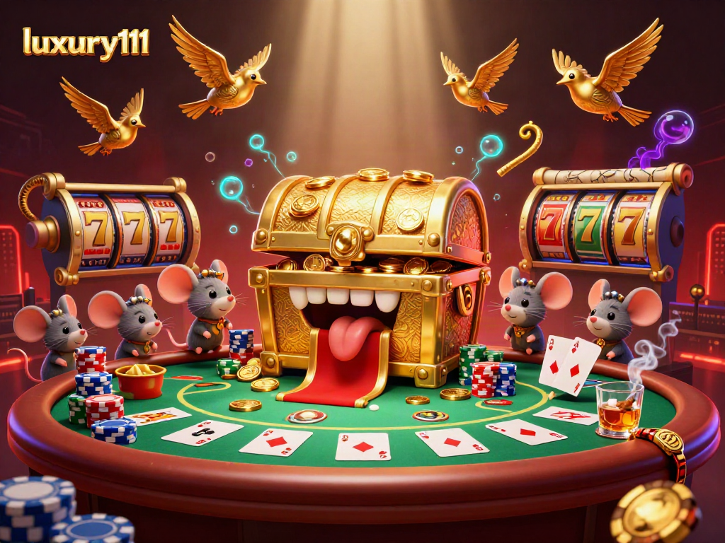 Experience luxury111 in an adventurous casino scene filled with poker and vibrant symbols.