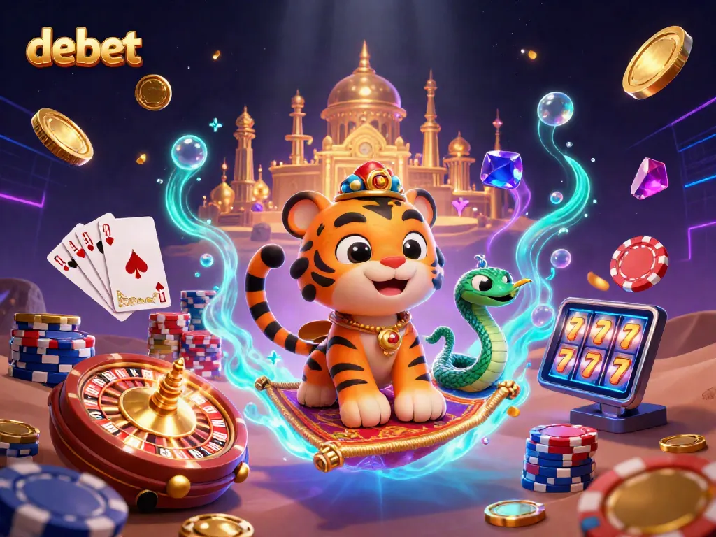 Engage in thrilling gameplay at debet with a vibrant casino scene featuring a tiger sultan and magical elements.