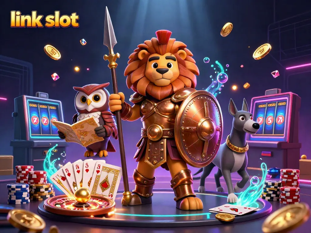 Spin and win with link slot featuring a Spartan lion, owl strategist, and greyhound messenger in a vibrant casino scene.