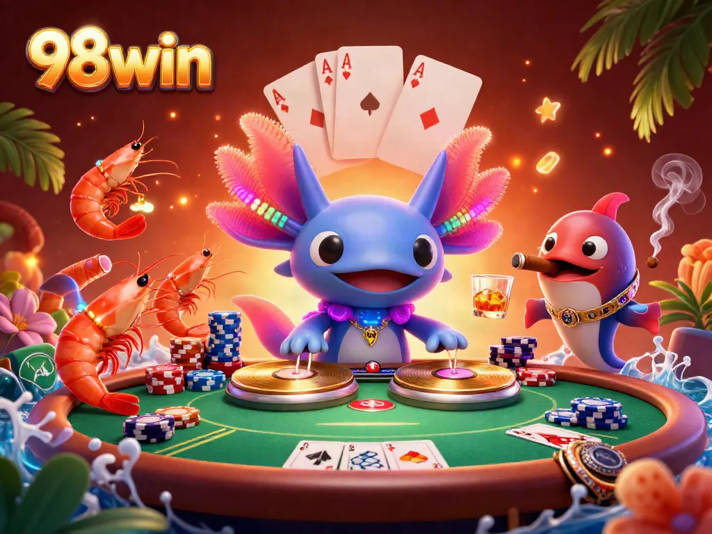 Dive into excitement at 98win with an immersive underwater casino scene featuring vibrant characters and poker elements.