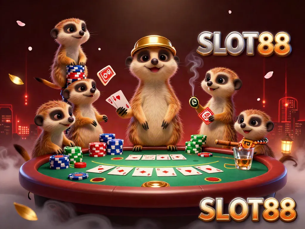 SLOT88 showcases a vibrant 3D scene of meerkats in a dynamic casino operation, highlighting gameplay excitement.