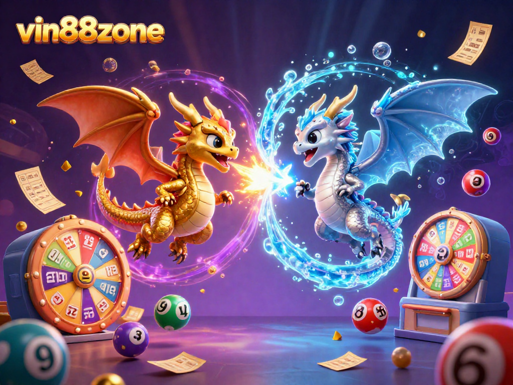 Engage with the dynamic action of vin88zone, featuring vibrant dragons amidst a bustling casino scene.