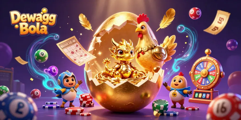 Dewagg Bola showcases a vibrant 3D scene of a golden egg and dragon amidst dynamic lottery elements.