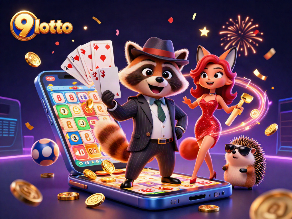 Play exciting games with 9 lotto while a raccoon, fox, and hedgehog celebrate wins together!