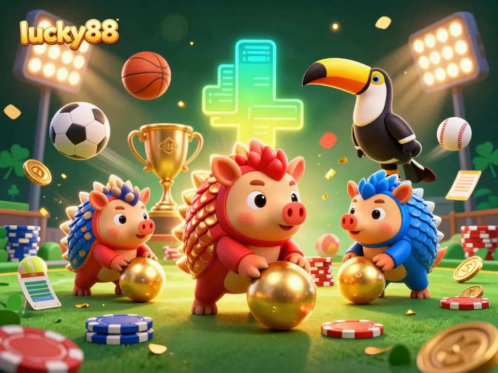 Engaging 3D depiction of lucky88 pangolins bowling with poker chips amidst sports elements