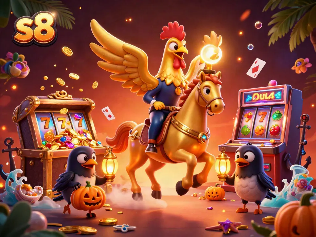 Engage in thrilling gameplay at s8 casino with a golden rooster and vibrant casino elements.