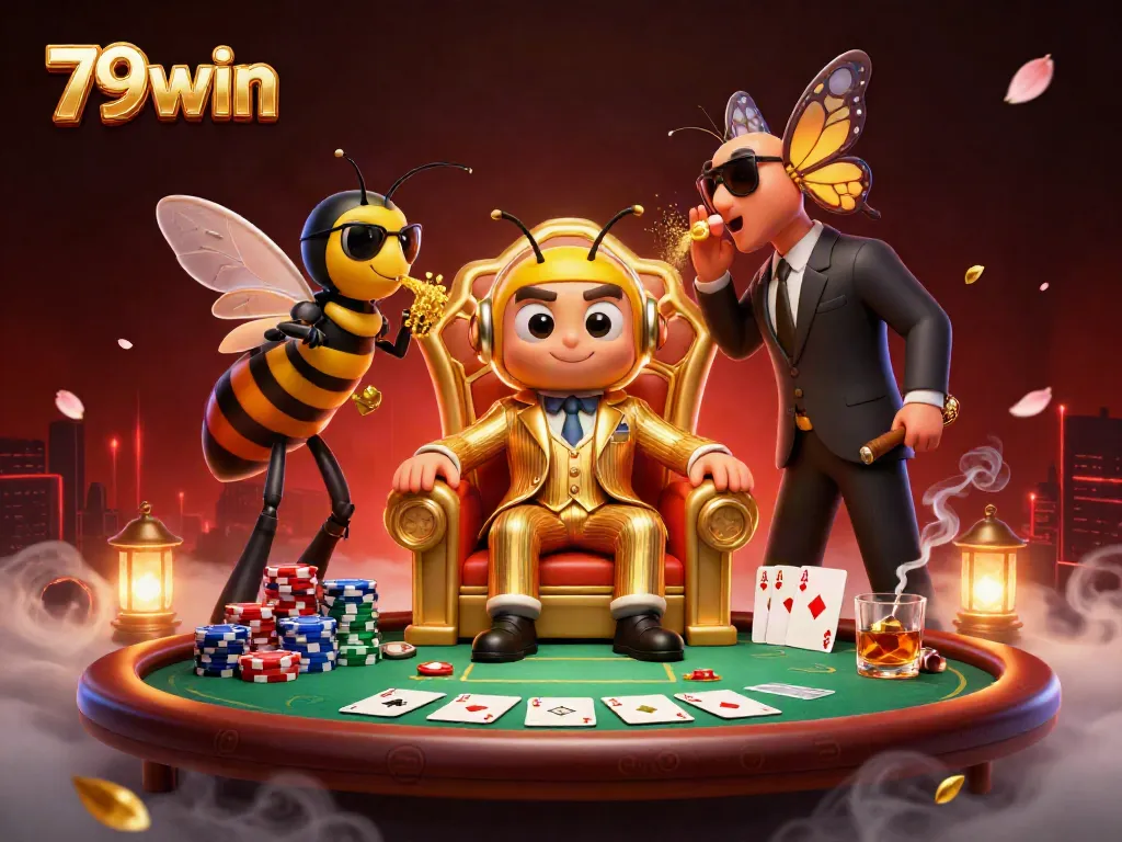 Experience the thrilling world of 79win with a vibrant casino scene featuring a bumblebee mob boss and poker excitement.