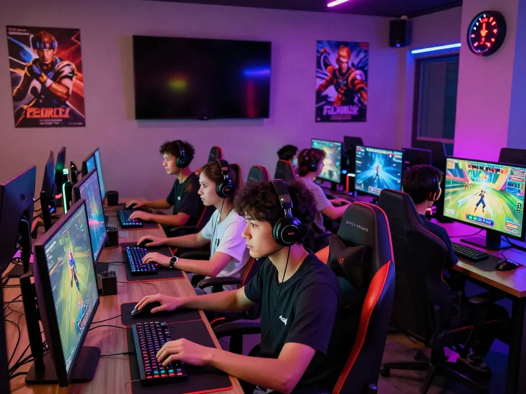 Diverse gamers intensely playing game online in a vibrant cyber café atmosphere.