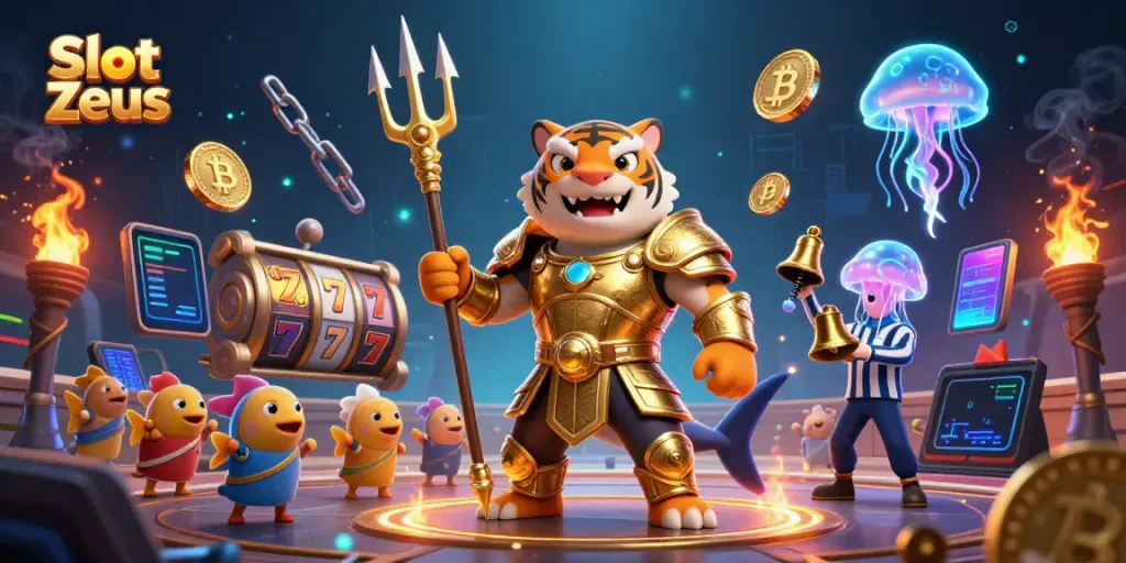 Permainan Slot Zeus dengan hiu kartun bersenjata trident di koloseum bawah air yang meriah.